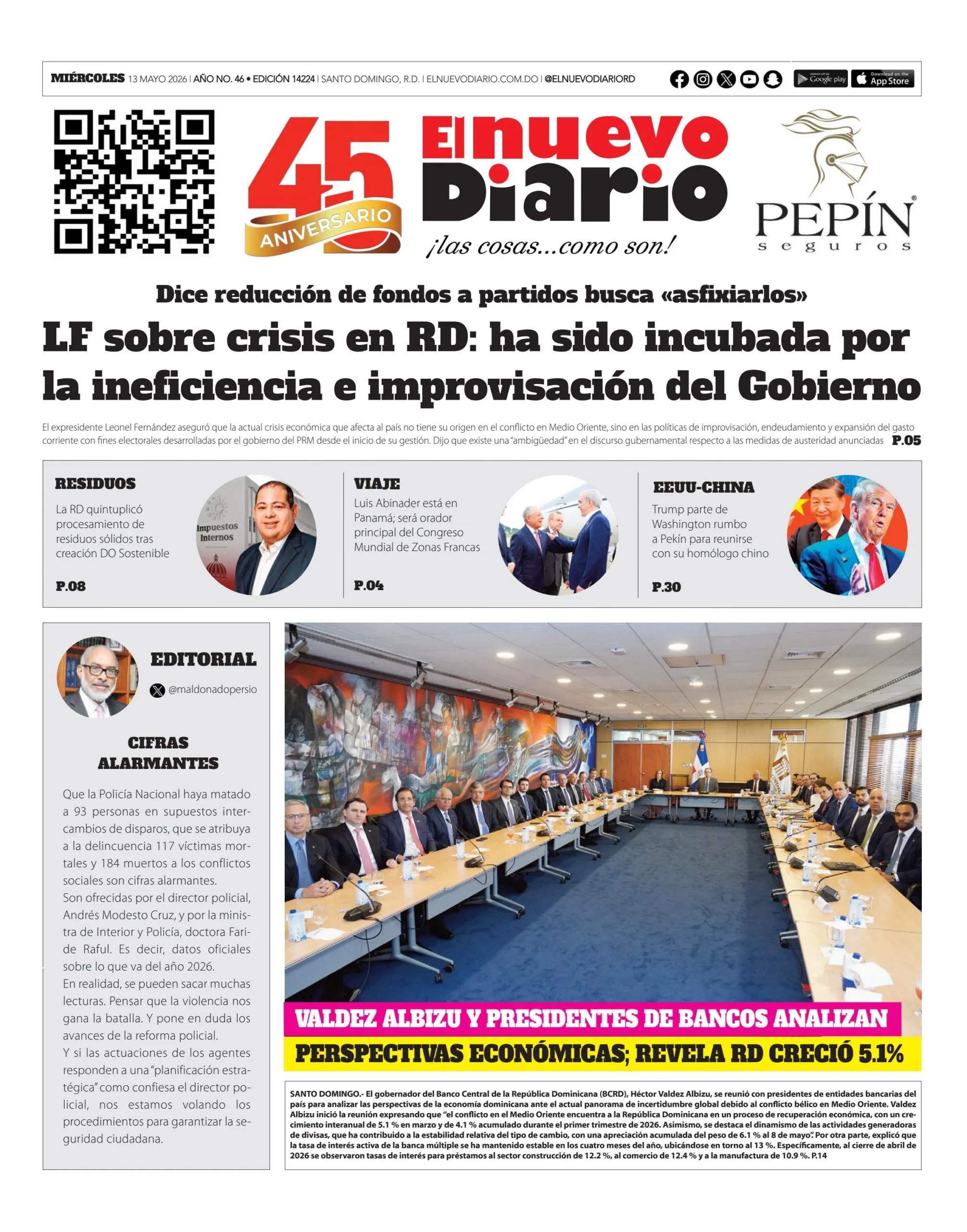 Portada Periódico El Nuevo Diario, Miércoles 13, Mayo 2026