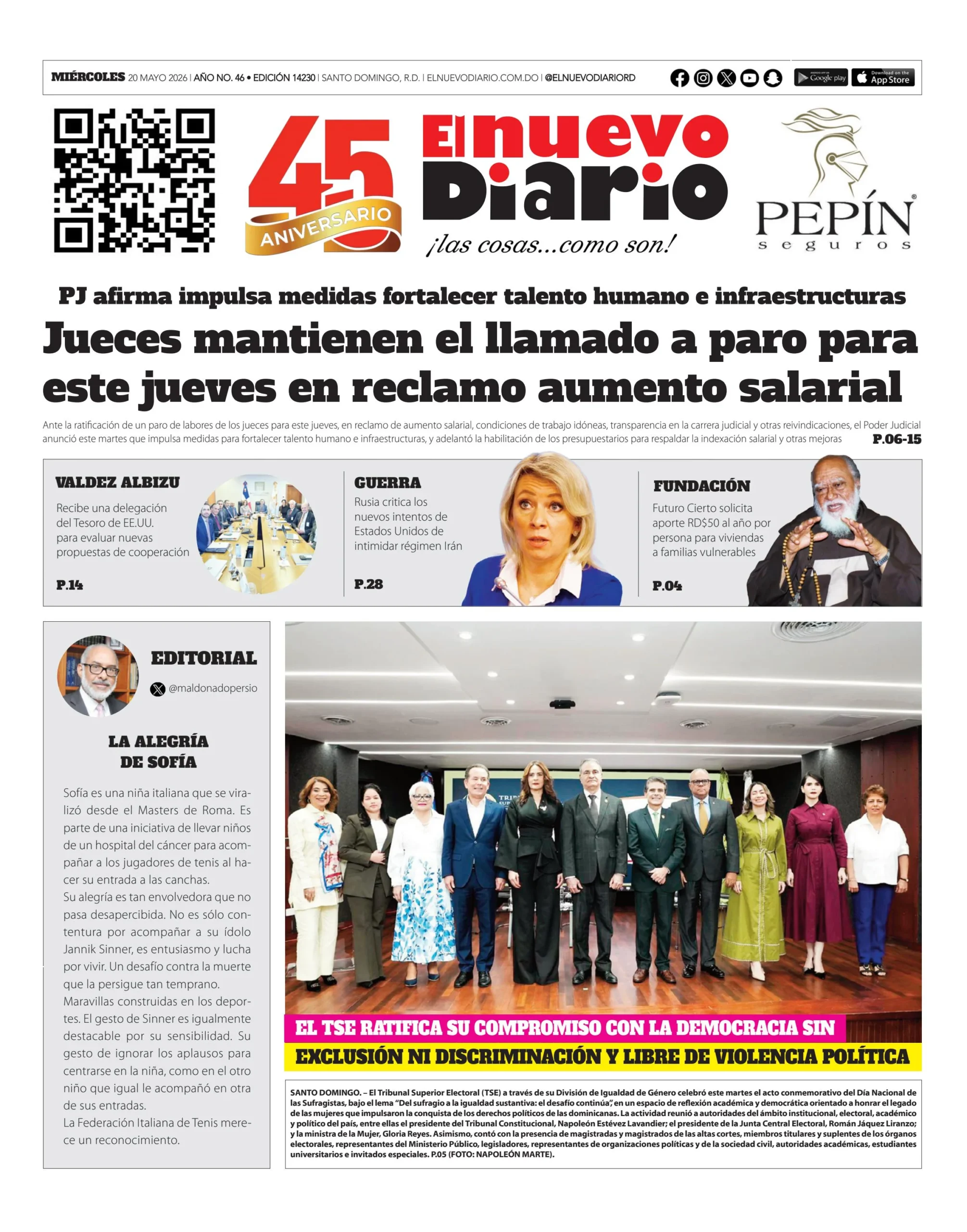 Portada Periódico El Nuevo Diario, Miércoles 20, Mayo 2026