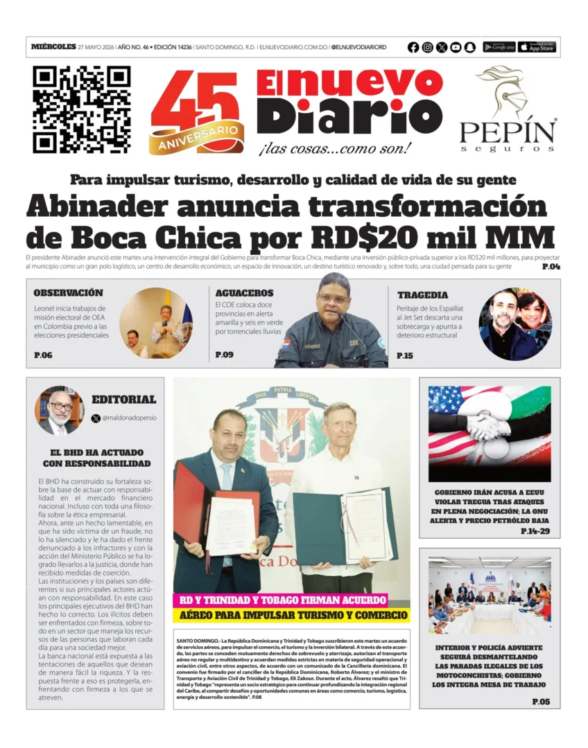 Portada Periódico El Nuevo Diario, Miércoles 27, Mayo 2026