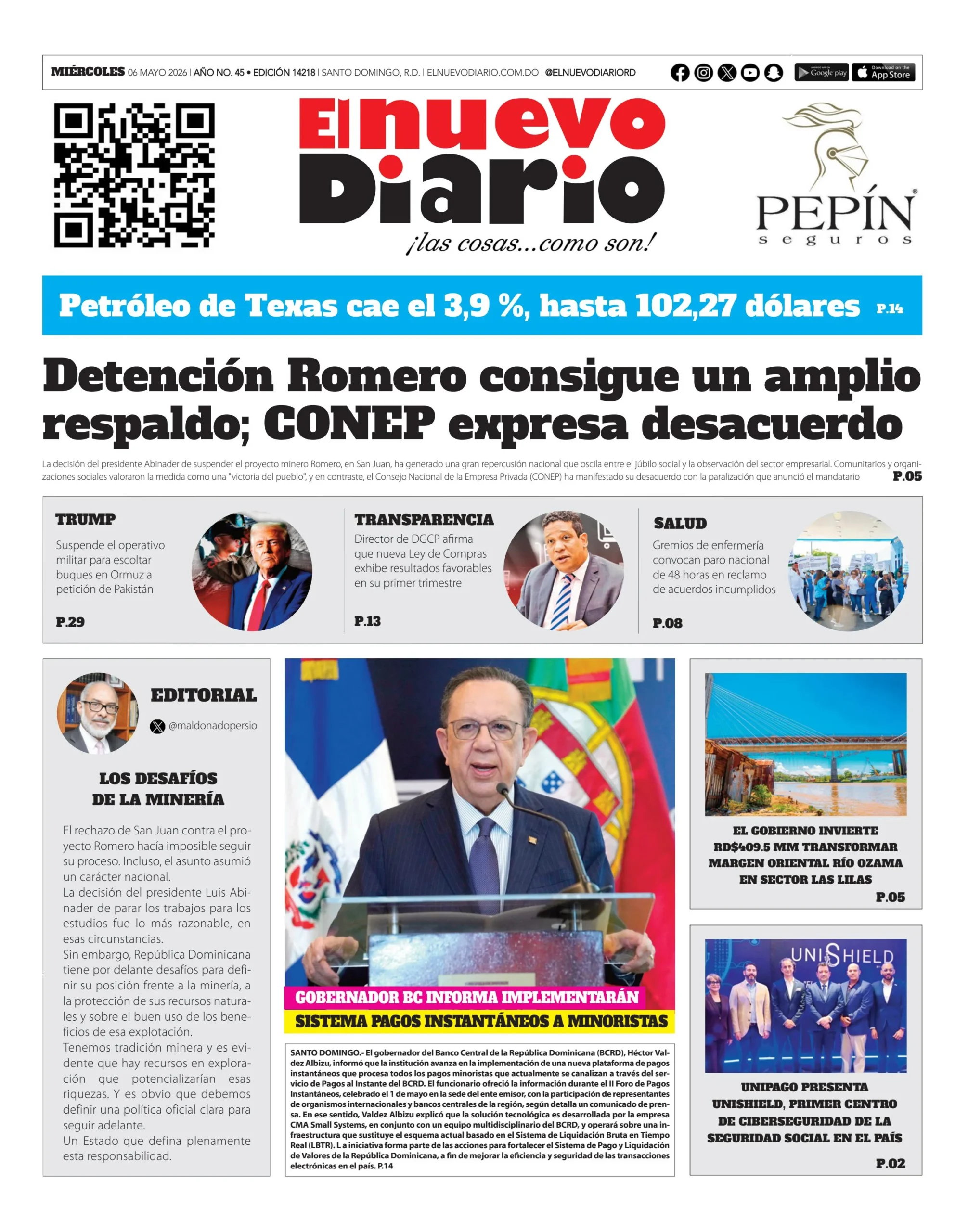 Portada Periódico El Nuevo Diario, Miércoles 6, Mayo 2026