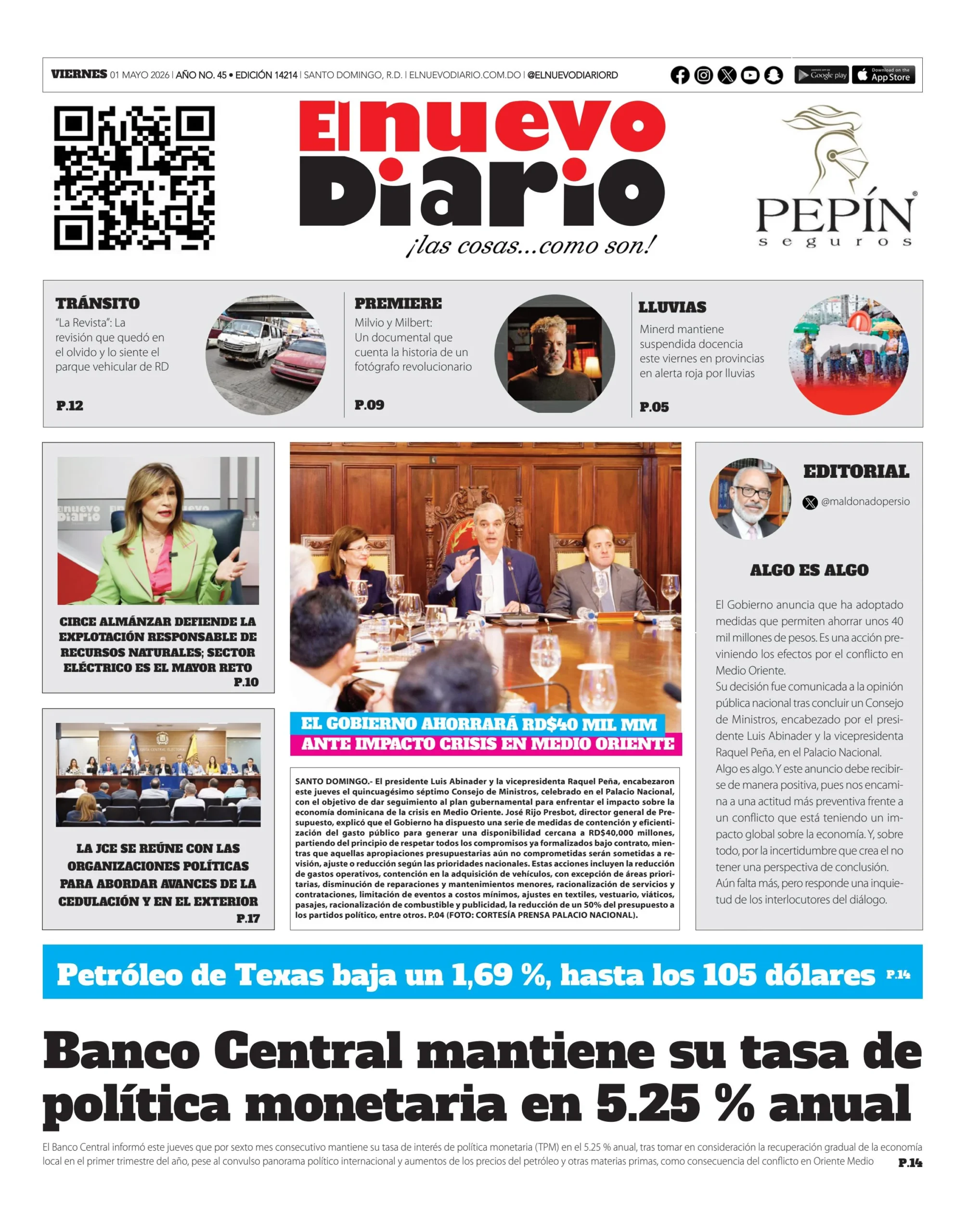 Portada Periódico El Nuevo Diario, Viernes 1, Mayo 2026