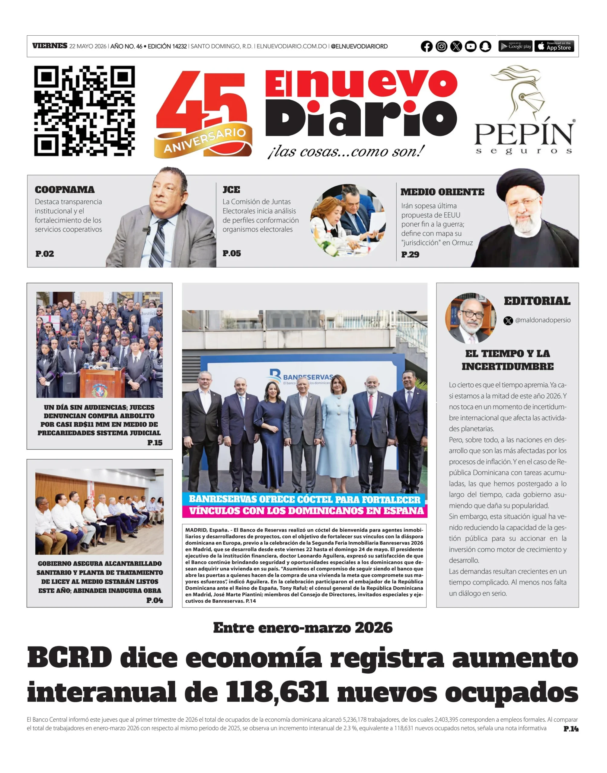 Portada Periódico El Nuevo Diario, Viernes 22, Mayo 2026
