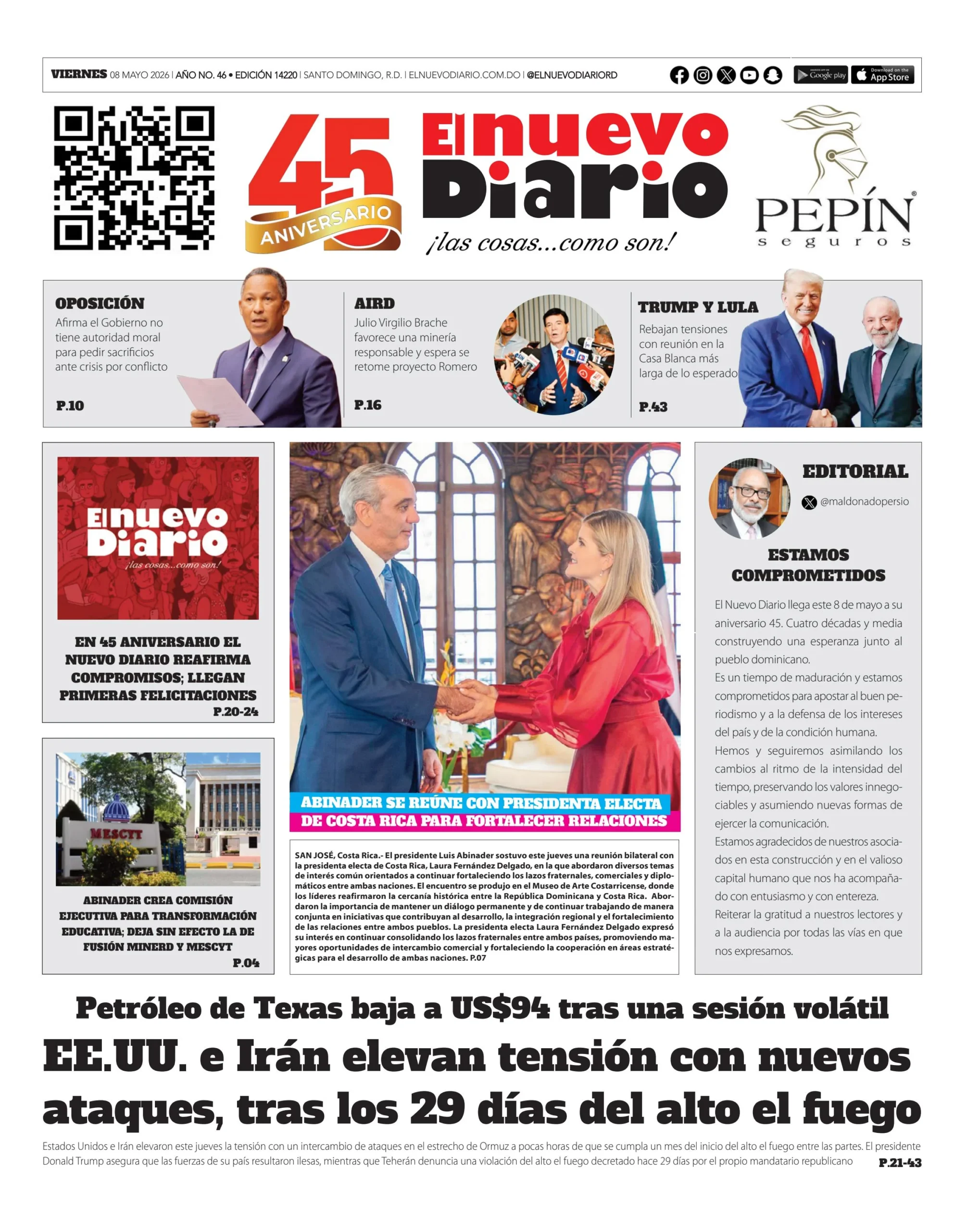 Portada Periódico El Nuevo Diario, Viernes 8, Mayo 2026
