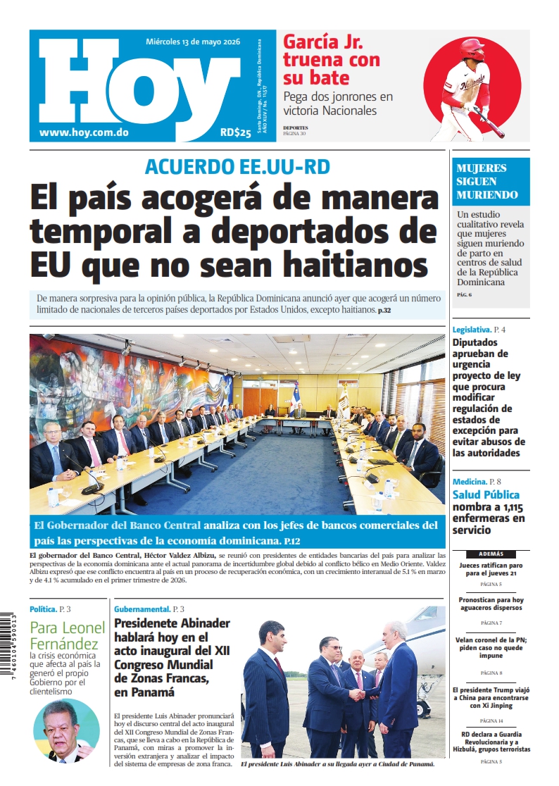 Portada Periódico Hoy, Miércoles 13, Mayo 2026