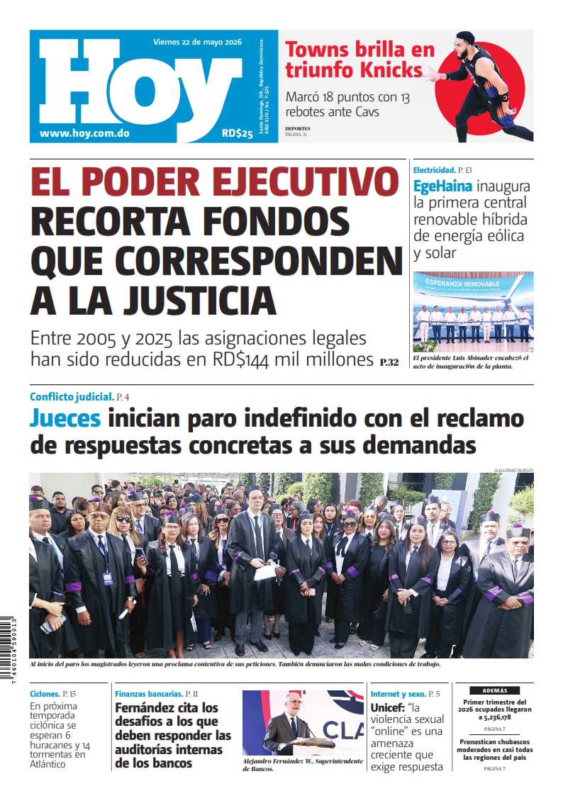 Portada Periódico Hoy, Viernes 22, Mayo 2026