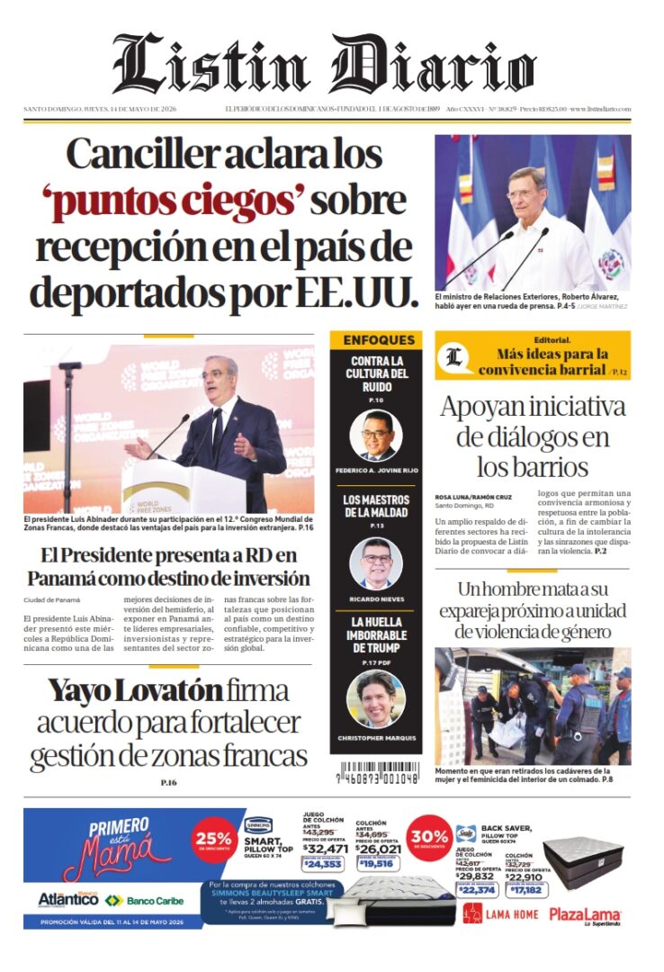Portada Periódico Listín Diario, Jueves 14, Mayo 2026