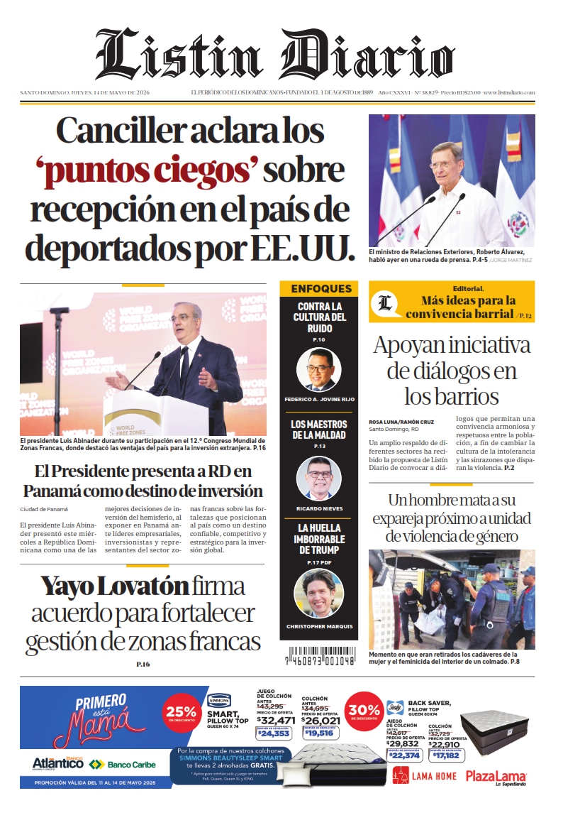 Portada Periódico Listín Diario, Jueves 14, Mayo 2026