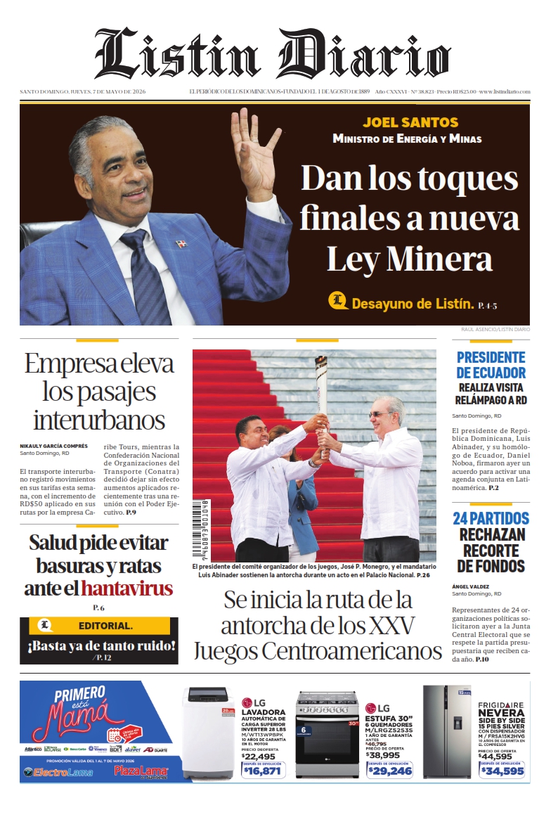 Portada Periódico Listín Diario, Jueves 7, Mayo 2026