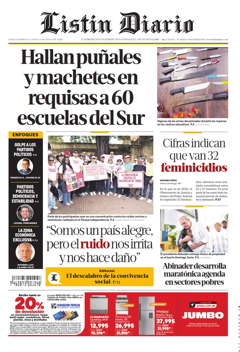Portada Periódico Listín Diario, Lunes 11, Mayo 2026