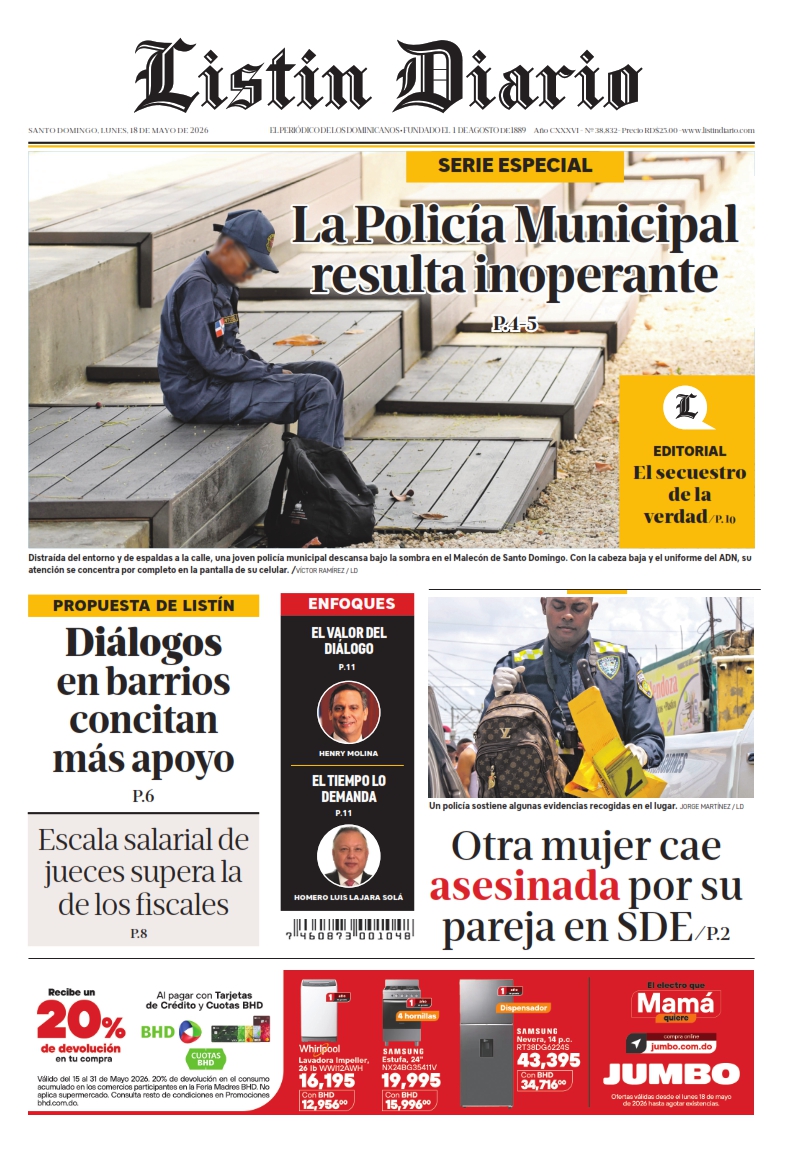 Portada Periódico Listín Diario, Lunes 18, Mayo 2026