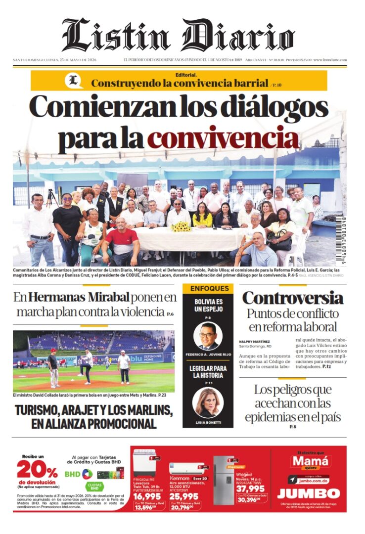 Portada Periódico Listín Diario, Lunes 25, Mayo 2026