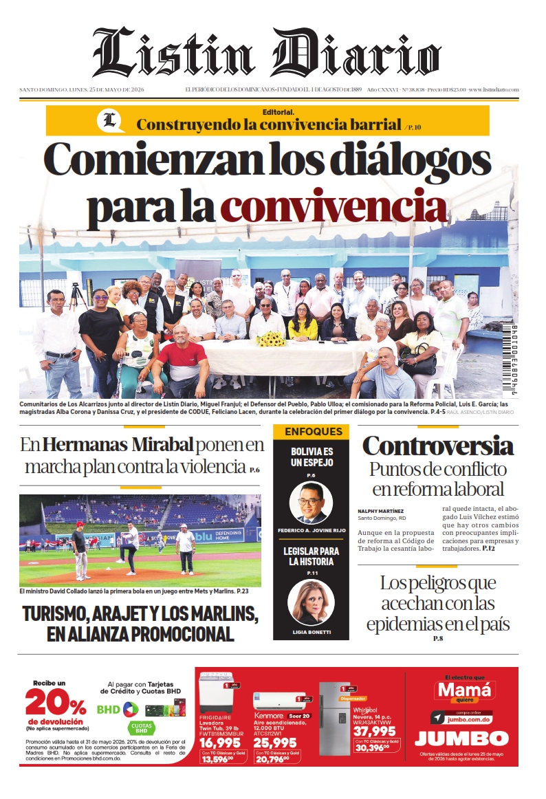 Portada Periódico Listín Diario, Lunes 25, Mayo 2026
