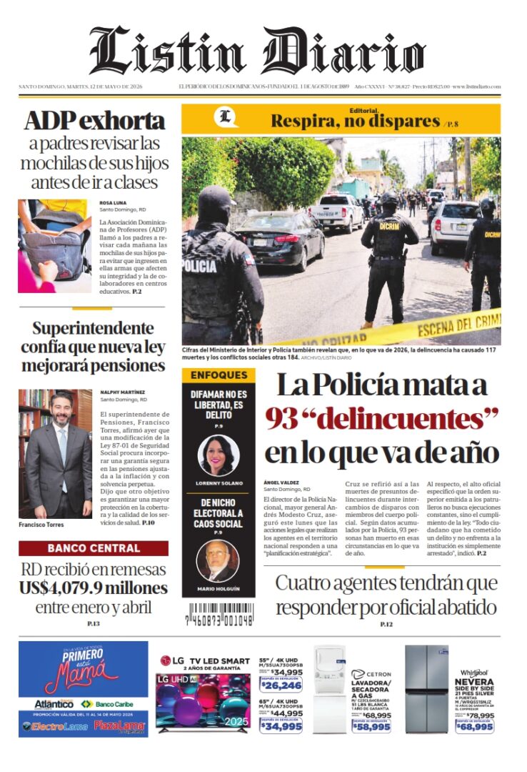 Portada Periódico Listín Diario, Martes 12, Mayo 2026