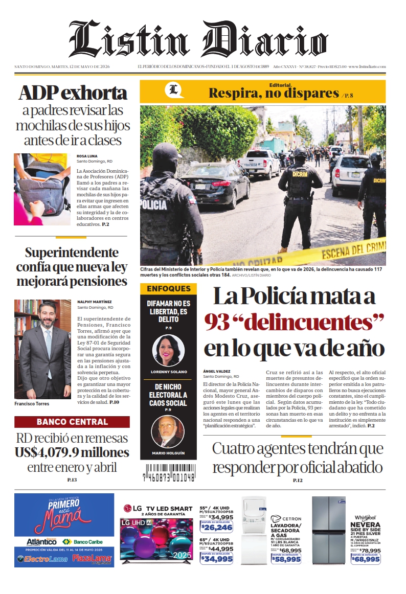 Portada Periódico Listín Diario, Martes 12, Mayo 2026