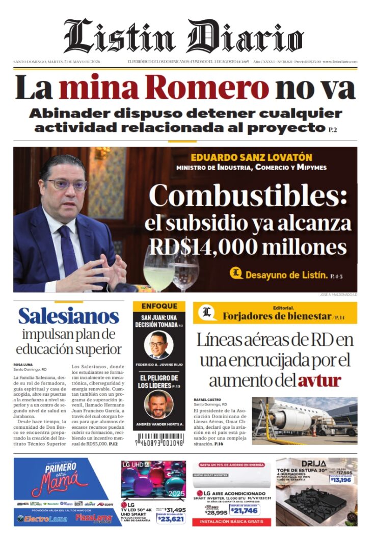 Portada Periódico Listín Diario, Martes 5, Mayo 2026