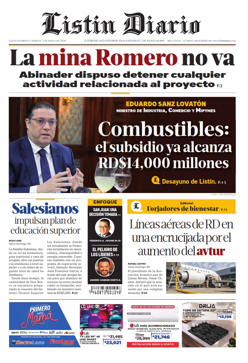 Portada Periódico Listín Diario, Martes 5, Mayo 2026