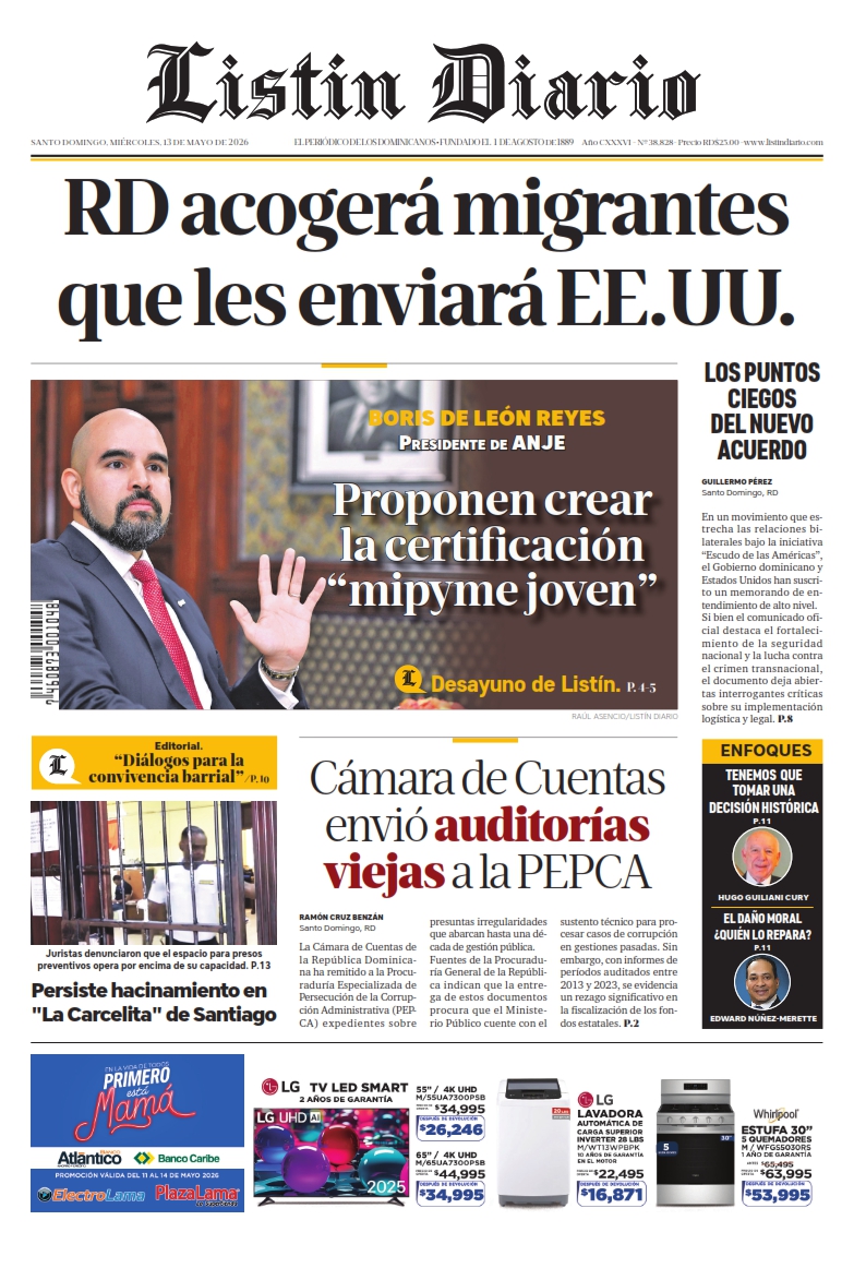 Portada Periódico Listín Diario, Miércoles 13, Mayo 2026