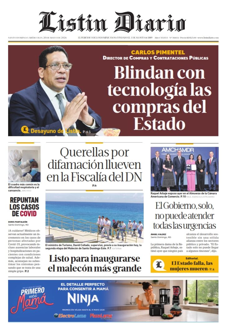 Portada Periódico Listín Diario, Miércoles 20, Mayo 2026