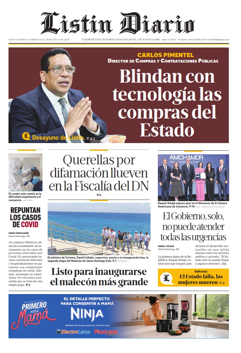 Portada Periódico Listín Diario, Miércoles 20, Mayo 2026