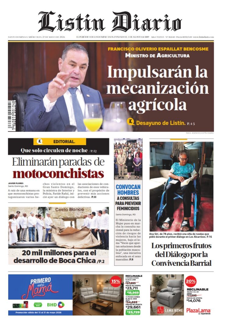 Portada Periódico Listín Diario, Miércoles 27, Mayo 2026