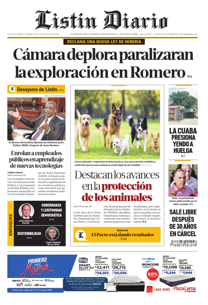 Portada Periódico Listín Diario, Miércoles 6, Mayo 2026