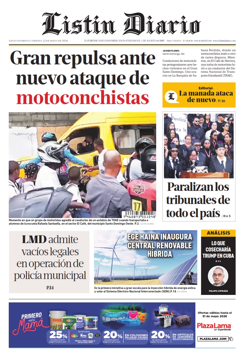Portada Periódico Listín Diario, Viernes 22, Mayo 2026