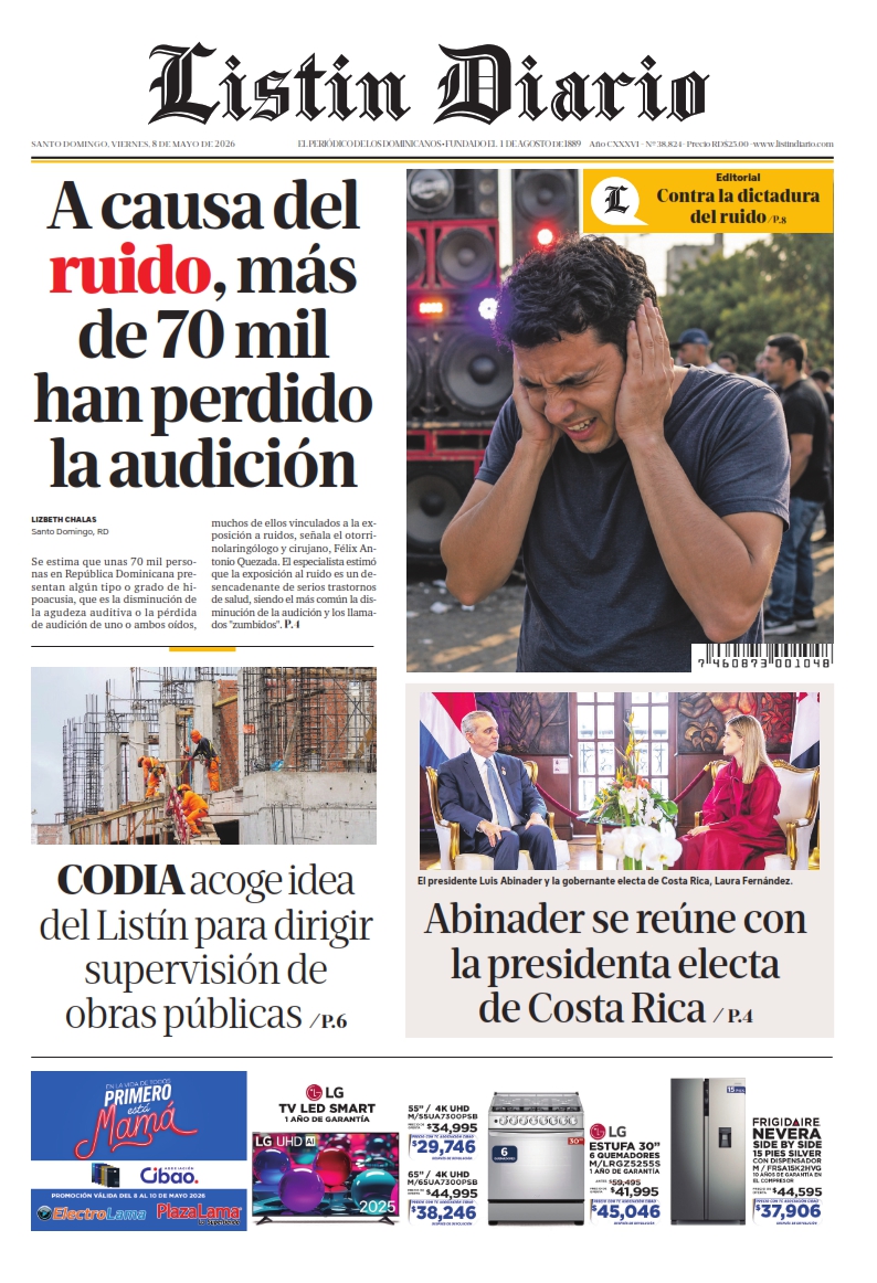 Portada Periódico Listín Diario, Viernes 8, Mayo 2026