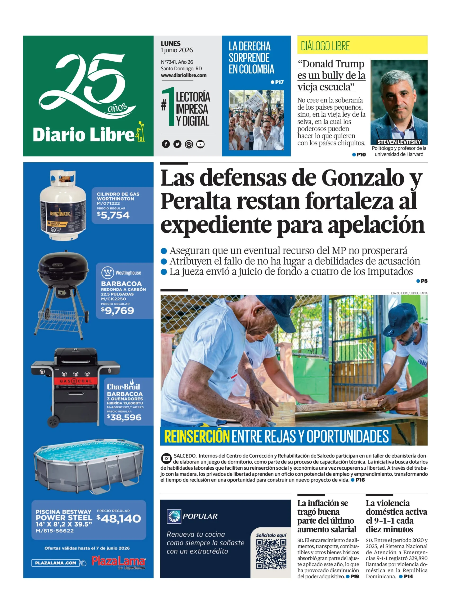 Portada Periódico Diario Libre, Lunes 1, Junio 2026