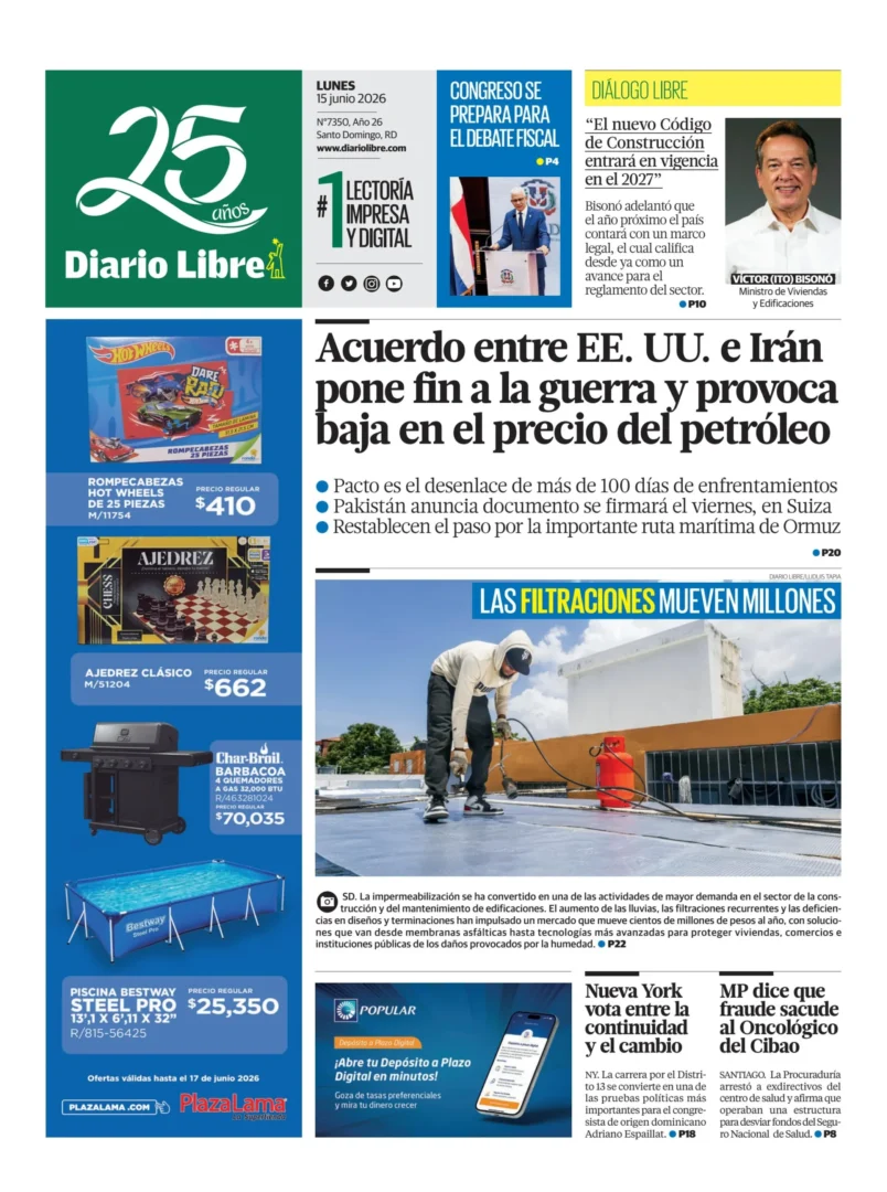 Portada Periodico Diario Libre Lunes 15 Junio 2026