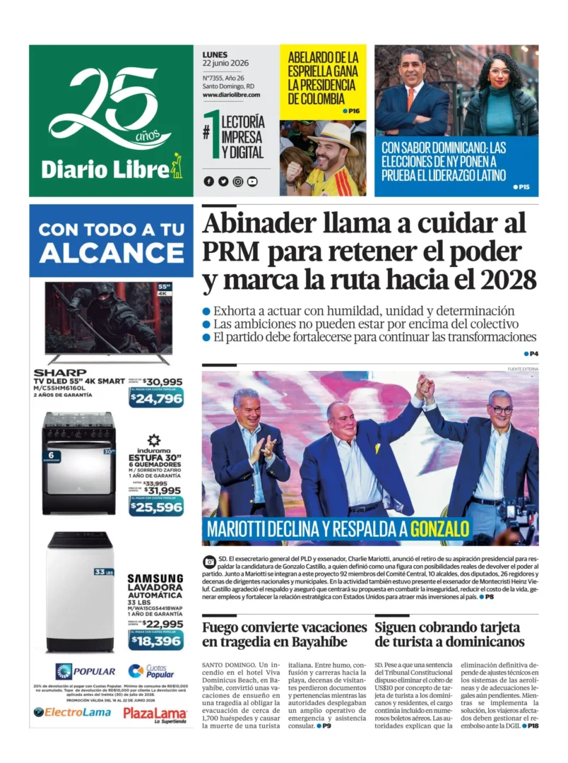 Portada Periódico Diario Libre Lunes 22 Junio 2026
