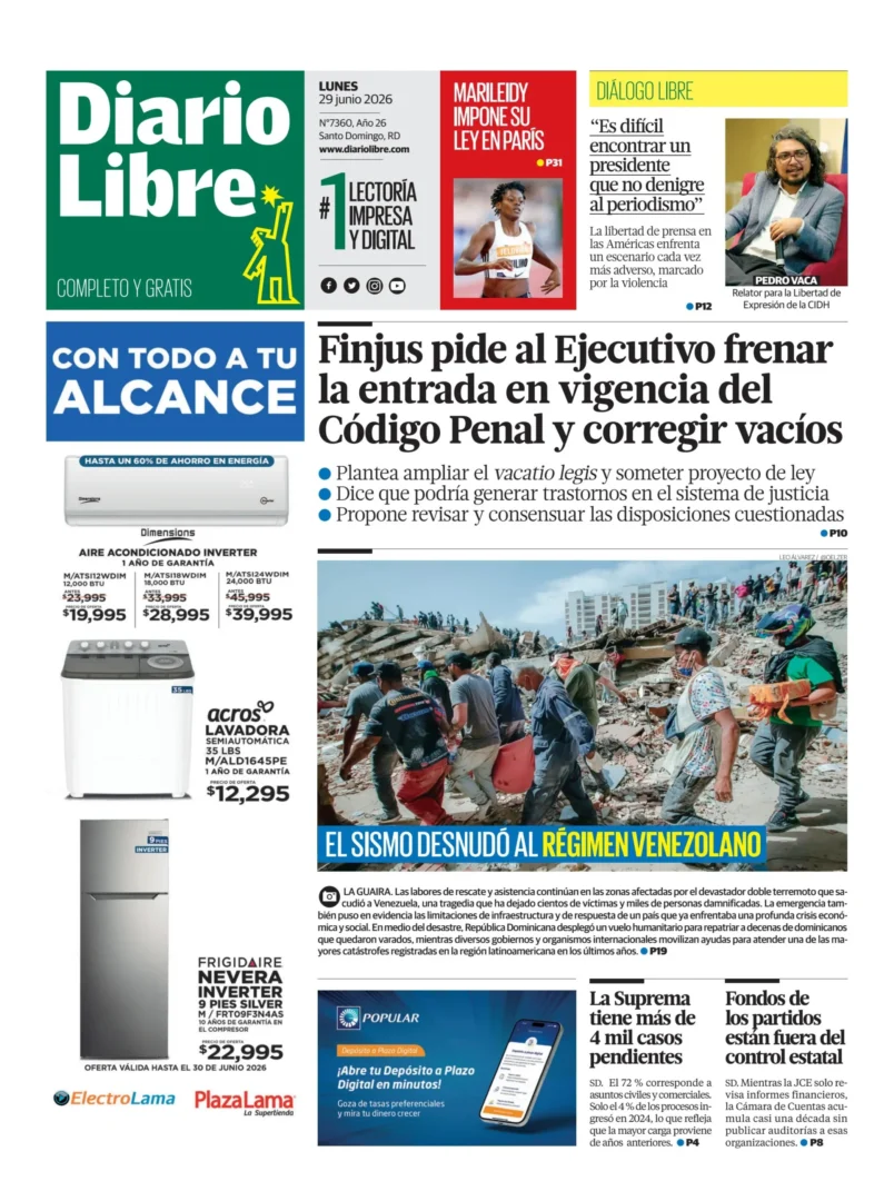 Portada Periódico Diario Libre, Lunes 29, Junio 2026