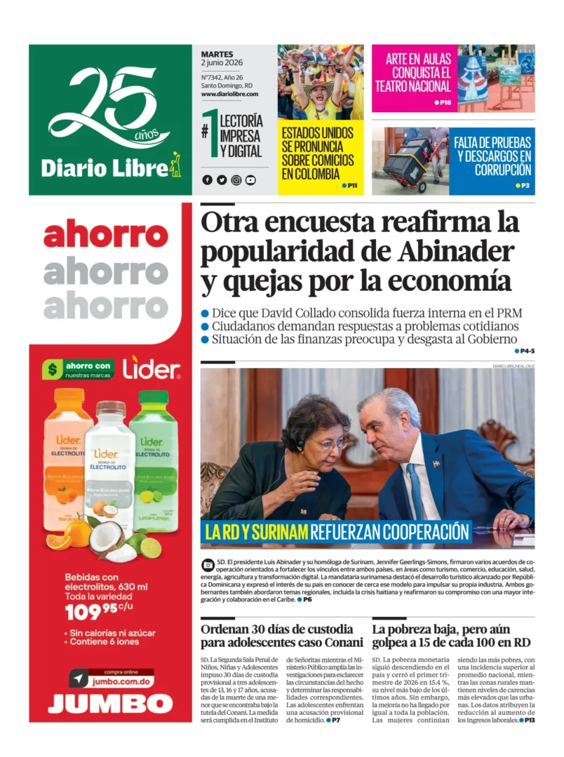 Portada Periódico Diario Libre, Martes 2, Junio 2026