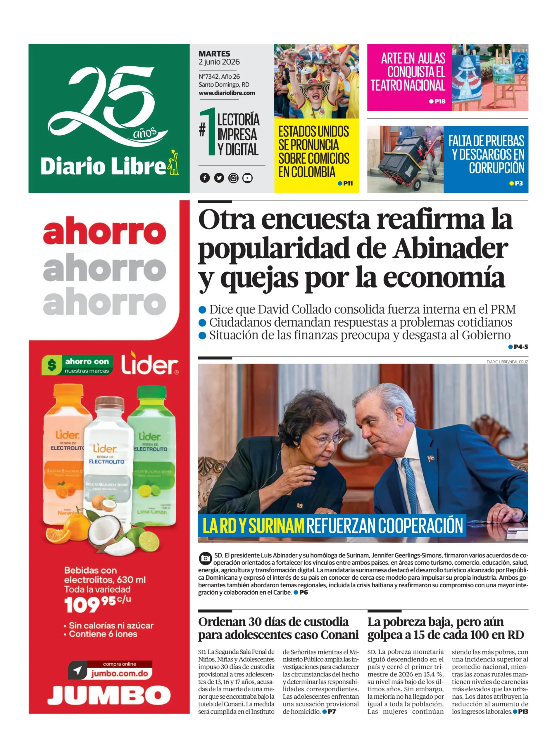Portada Periódico Diario Libre, Martes 2, Junio 2026