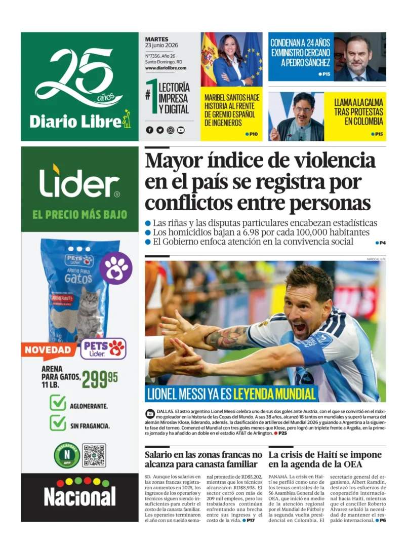Portada Periódico Diario Libre Martes 23 Junio 2026