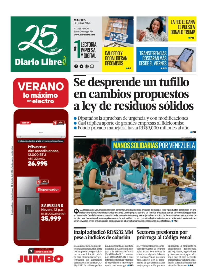 Portada Periódico Diario Libre, Martes 30, Junio 2026