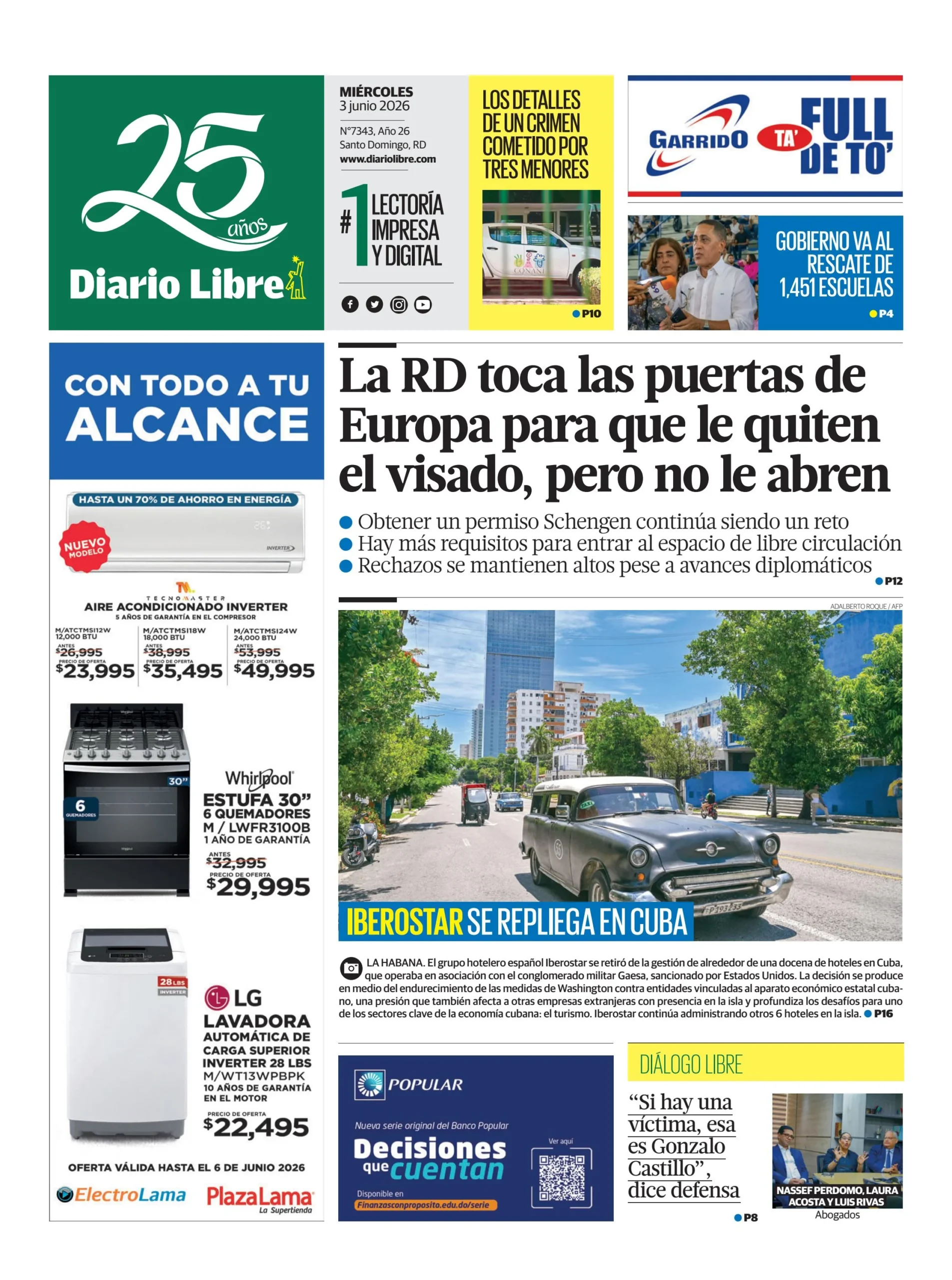 Portada Periódico Diario Libre, Miércoles 3, Junio 2026