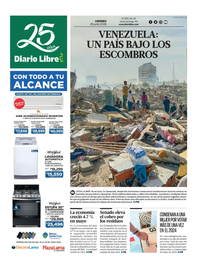 Portada Periódico Diario Libre Viernes 26 Junio 2026