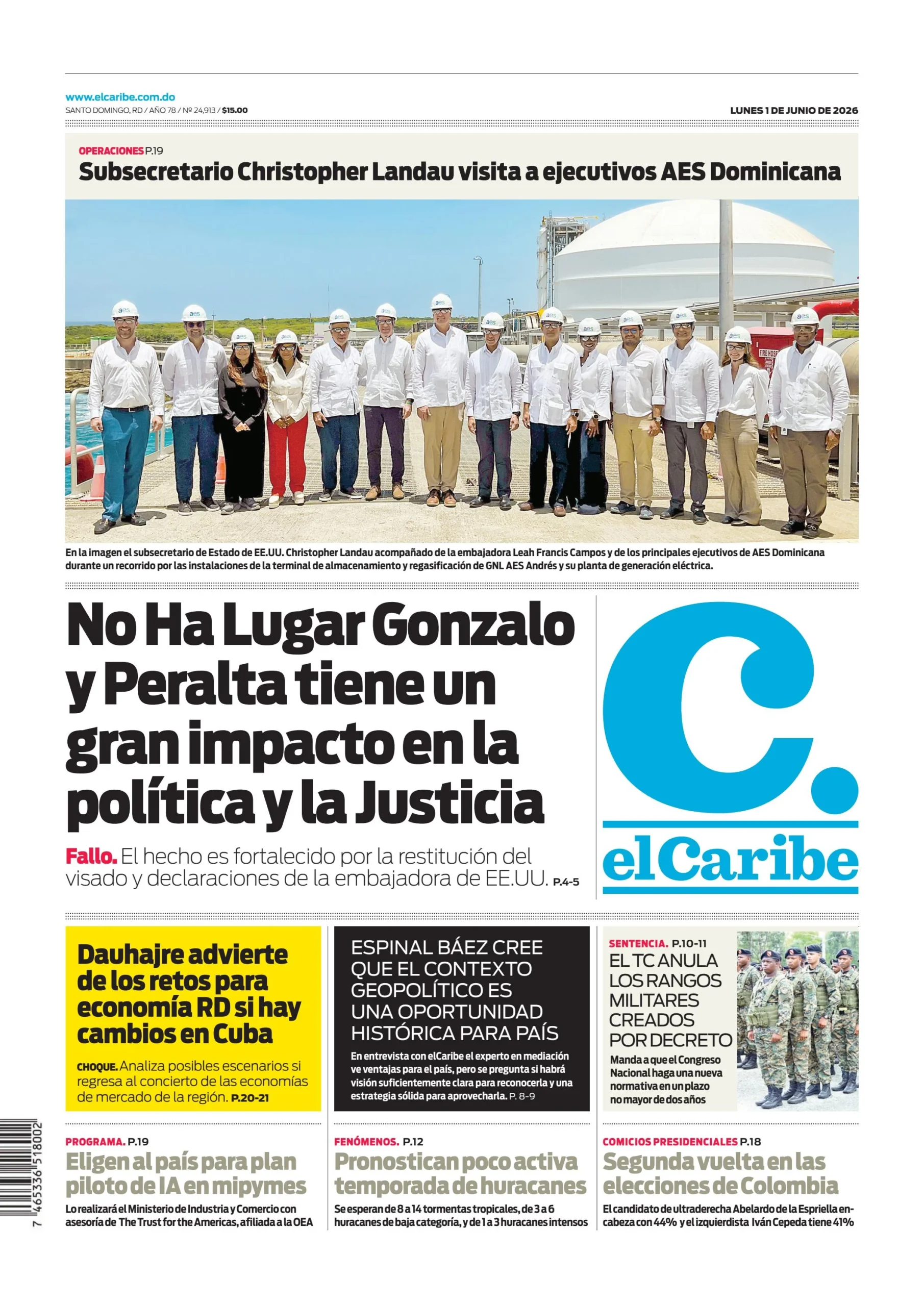 Portada Periódico El Caribe, Lunes 1, Junio 2026