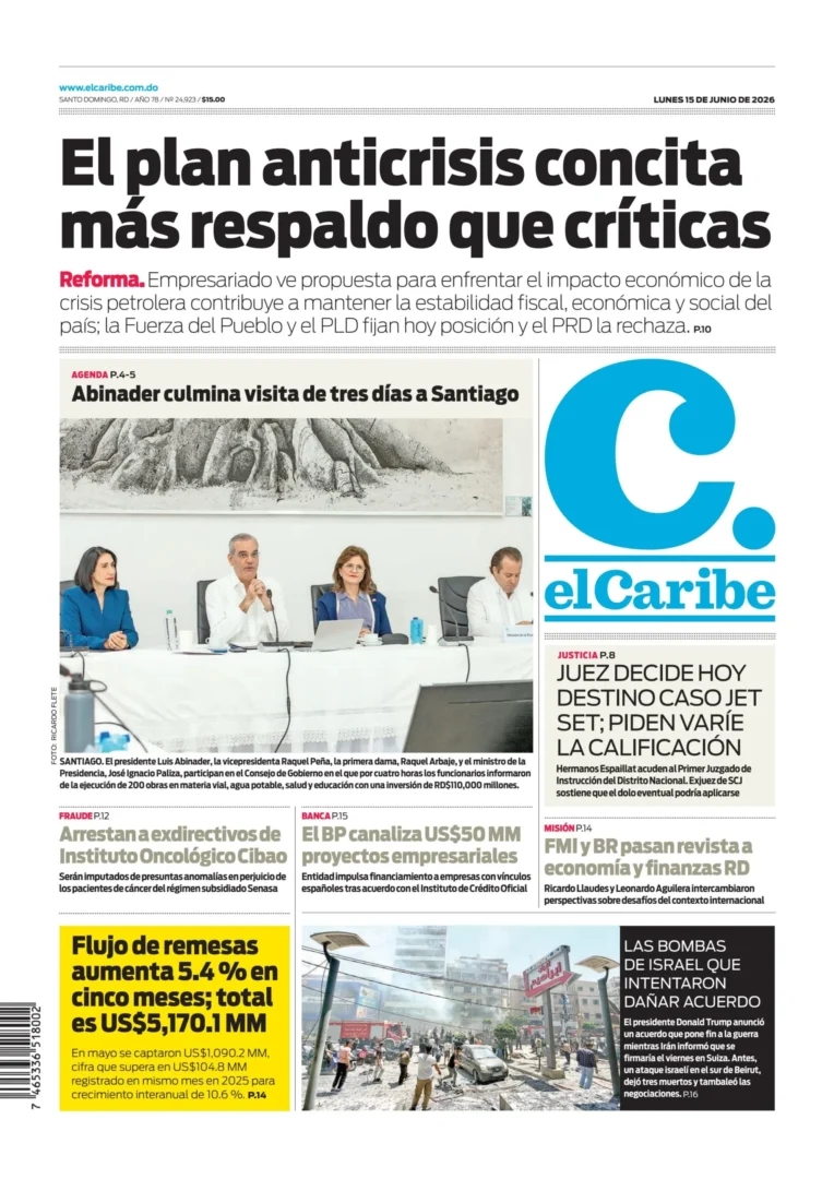 Portada Periodico El Caribe Lunes 15 Junio 2026