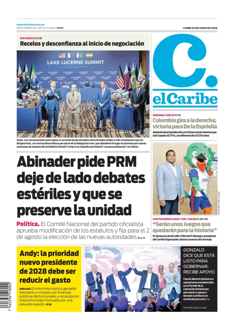 Portada Periódico El Caribe Lunes 22 Junio 2026