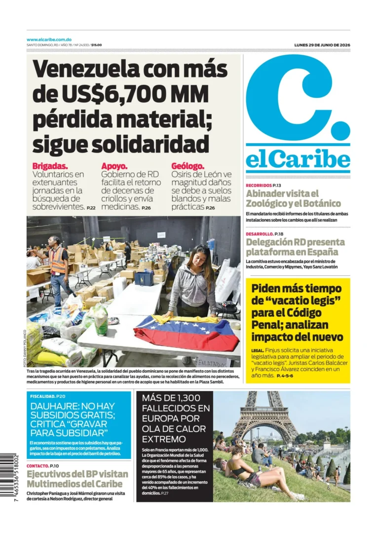 Portada Periódico El Caribe, Lunes 29, Junio 2026