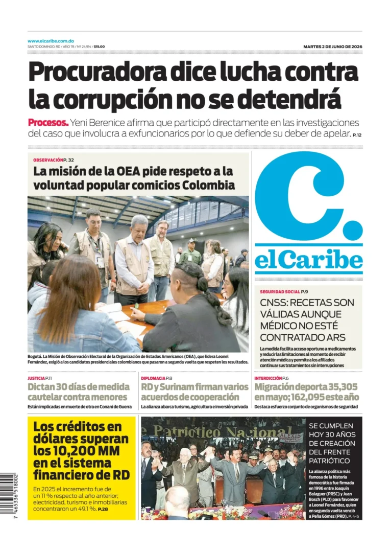 Portada Periódico El Caribe, Martes 2, Junio 2026