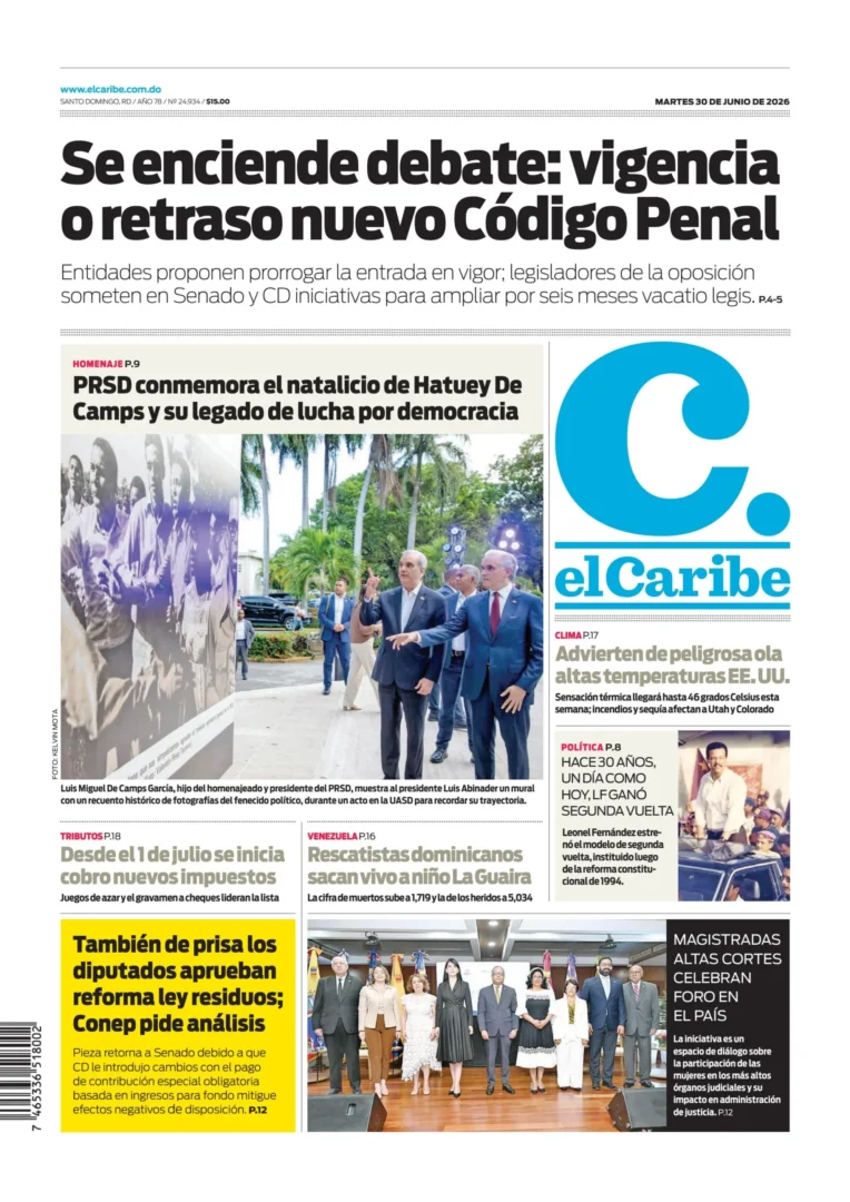Portada Periódico El Caribe, Martes 30, Junio 2026
