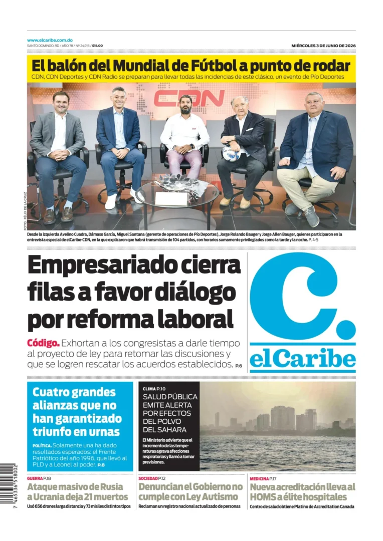 Portada Periódico El Caribe, Miércoles 3, Junio 2026