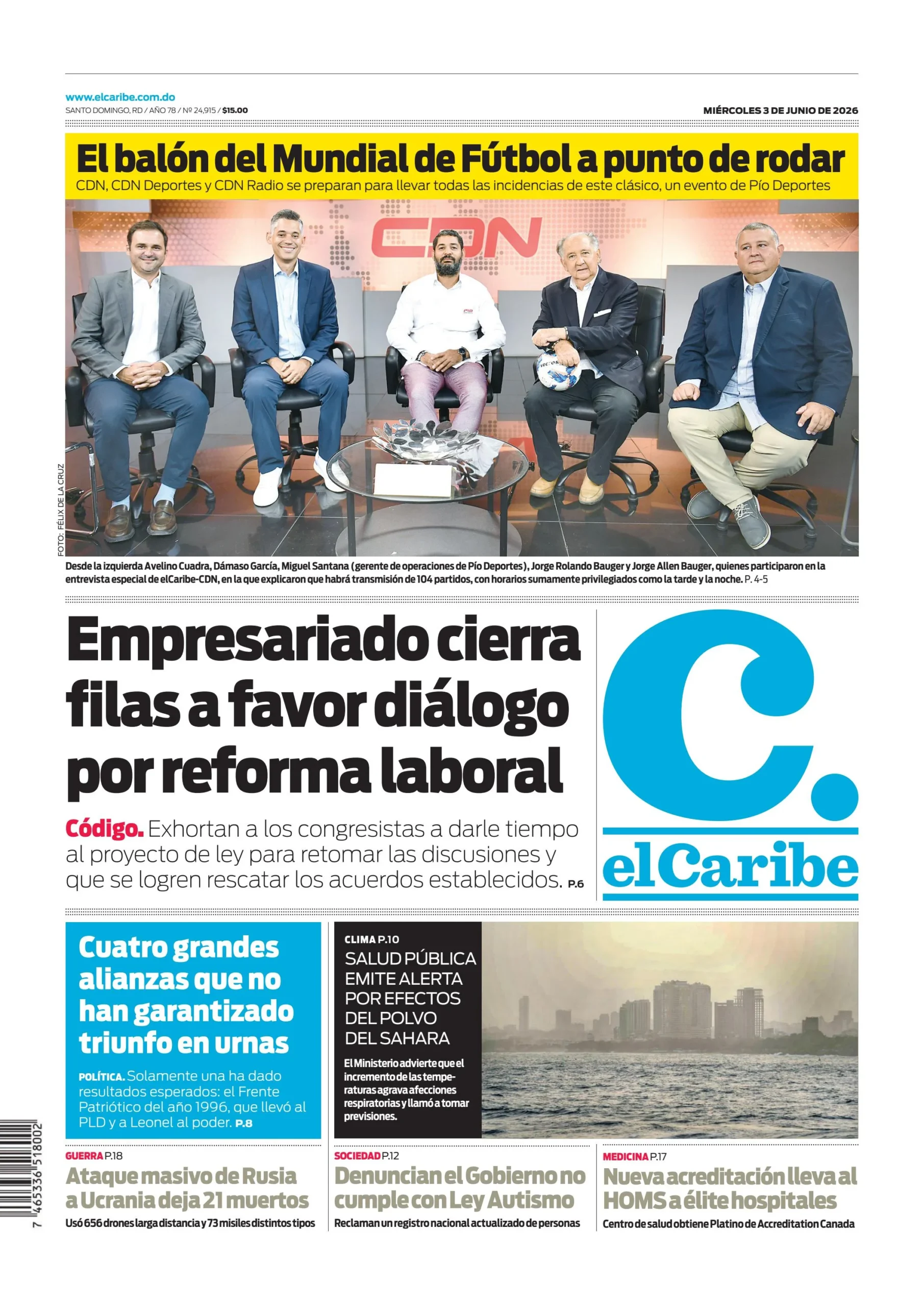 Portada Periódico El Caribe, Miércoles 3, Junio 2026