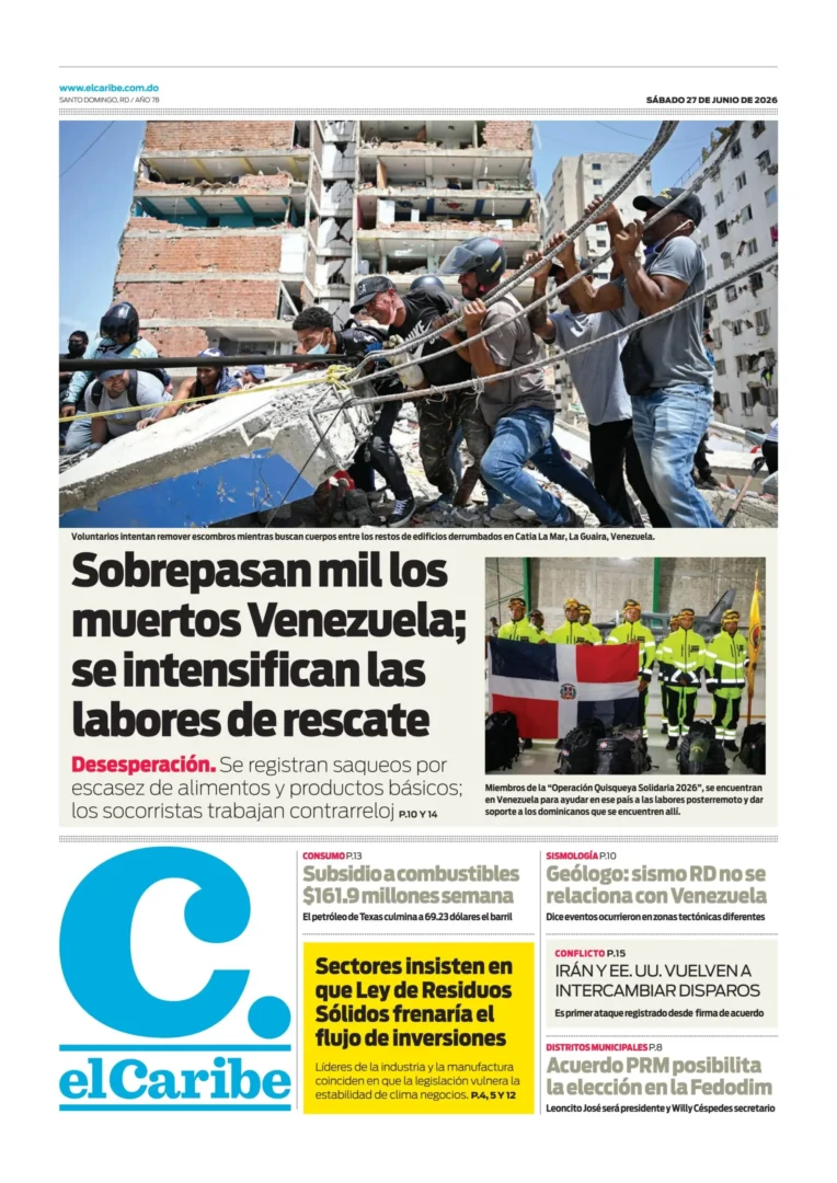 Portada Periódico El Caribe, Sábado 27, Junio 2026