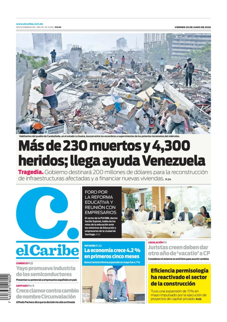 Portada Periódico El Caribe Viernes 26 Junio 2026