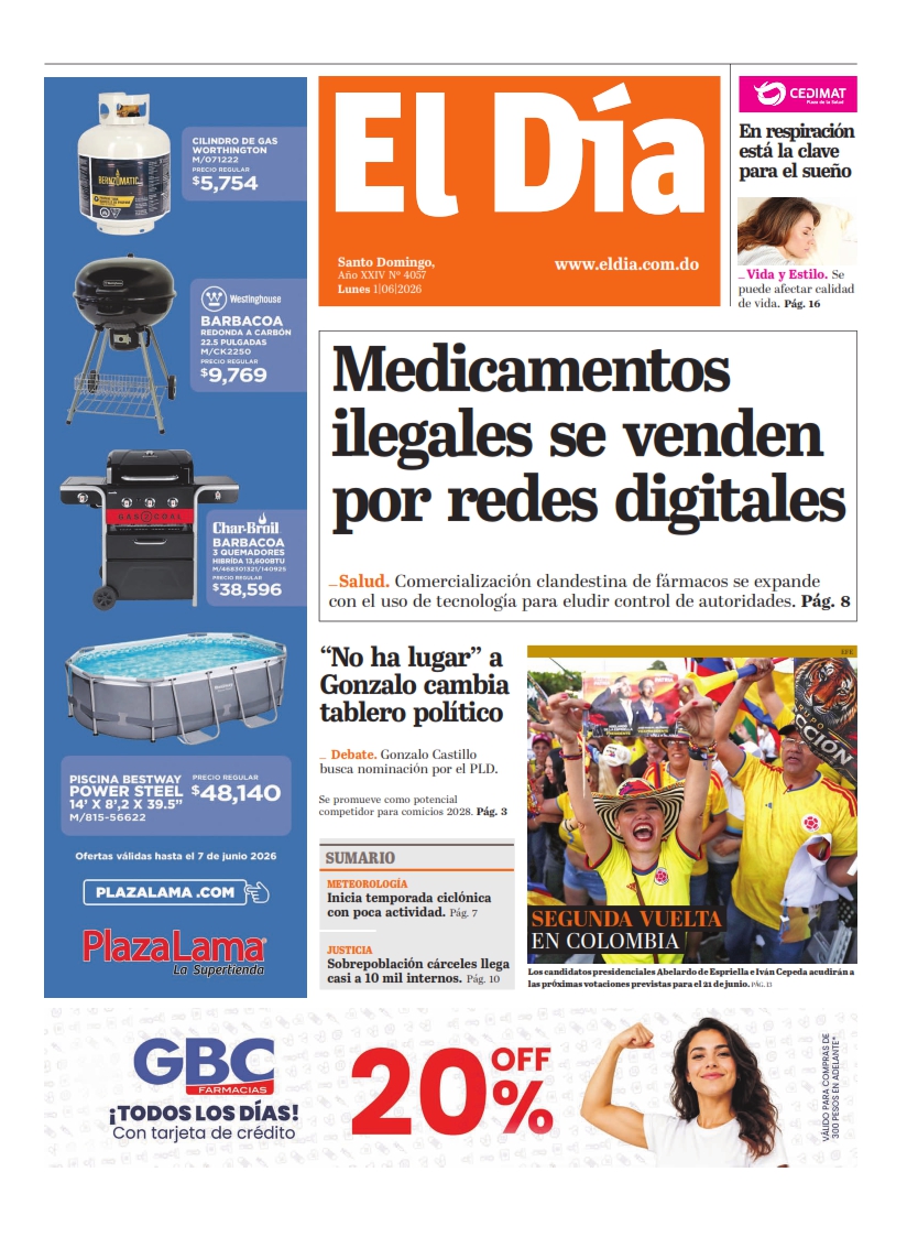 Portada Periódico El Día, Lunes 1, Junio 2026