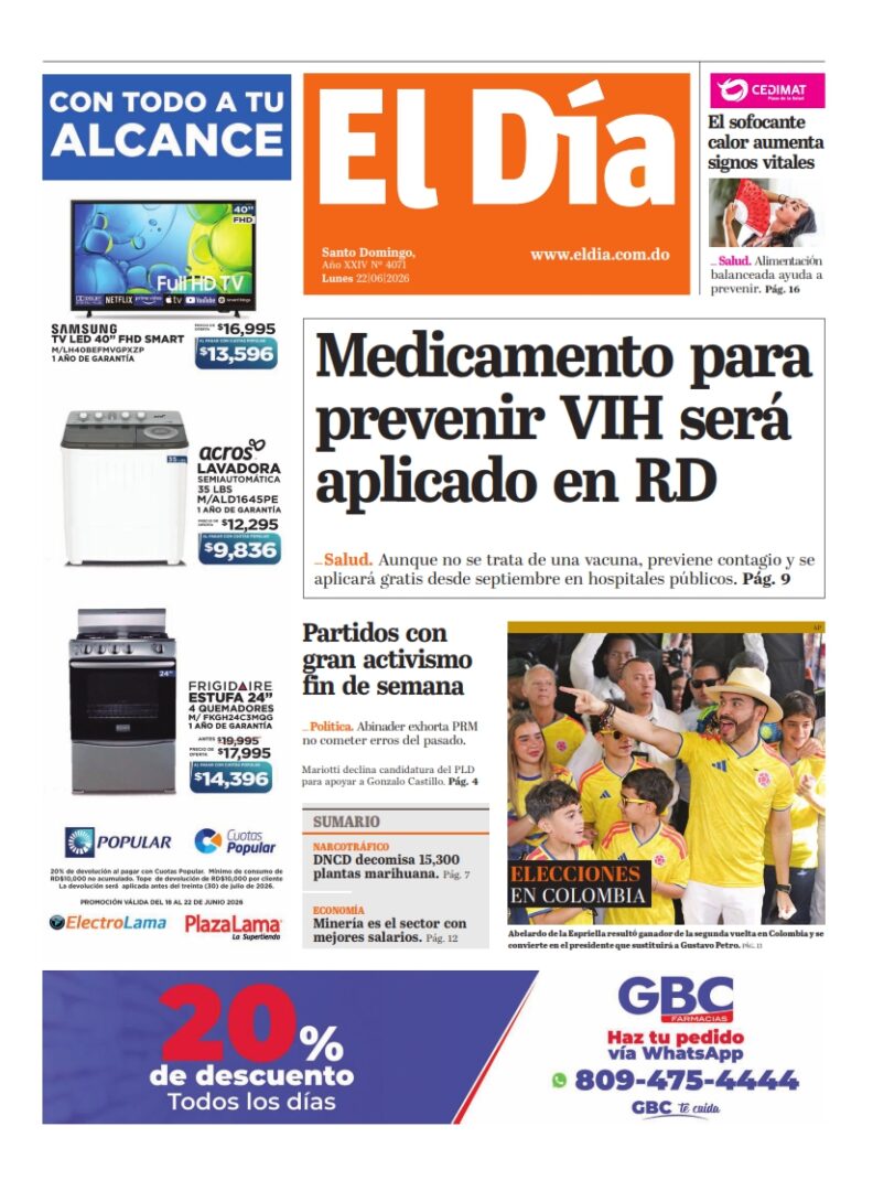 Portada Periódico El Día Lunes 22 Junio 2026