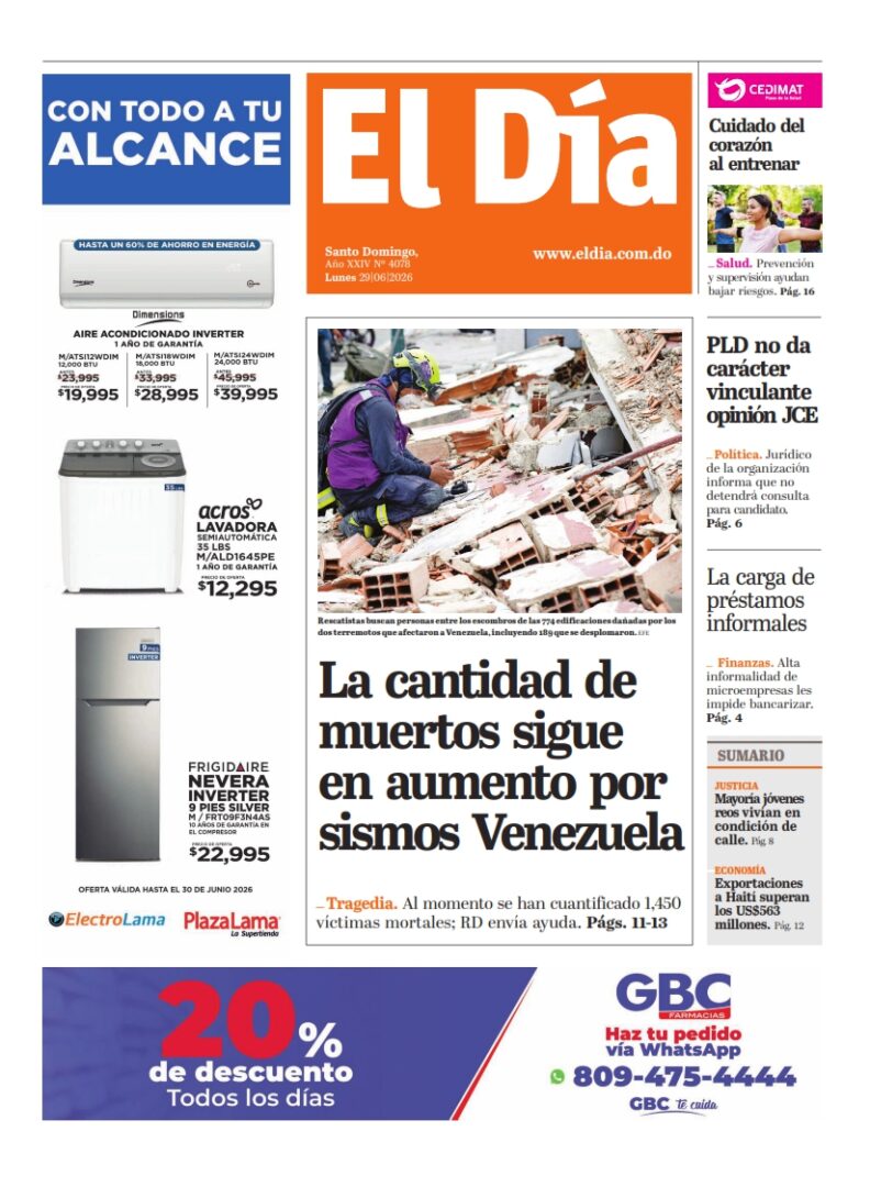 Portada Periódico El Día, Lunes 29, Junio 2026